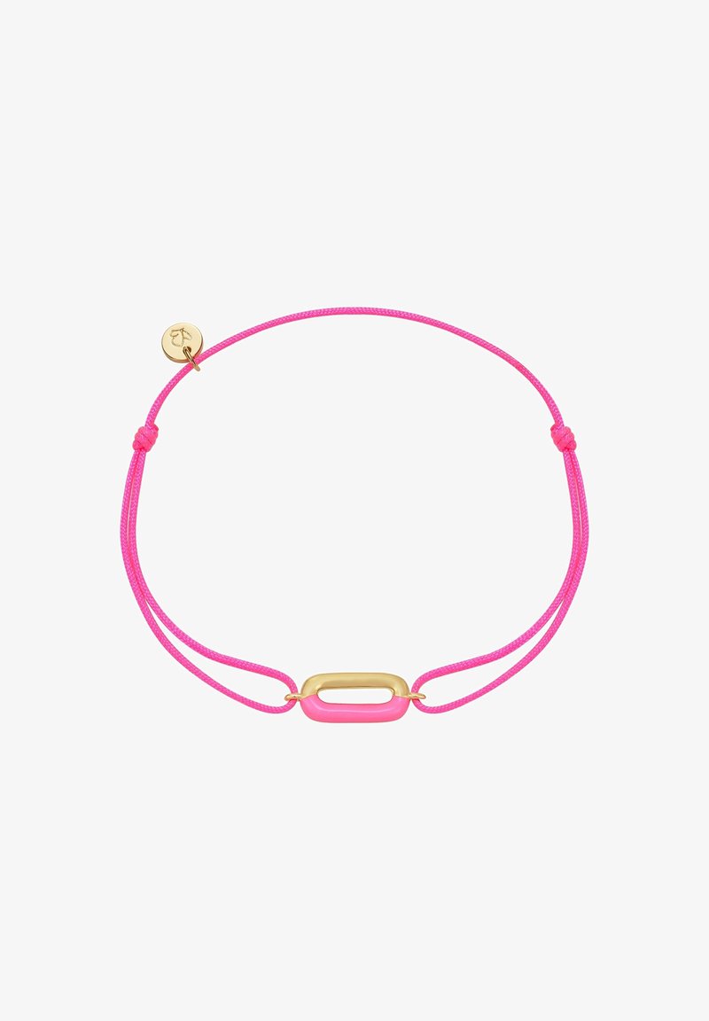 Verstellbares pinkes Schnurarmband mit einem zentralen goldfarbenen Metallring und einem glänzenden pinken Akzent. Enthält ein kleines Metalletikett.