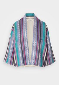 Cardigan de style kimono coloré présentant un mélange de rayures en turquoise, bleu marin, rose et blanc avec des motifs géométriques. Dos ouvert, manches courtes.