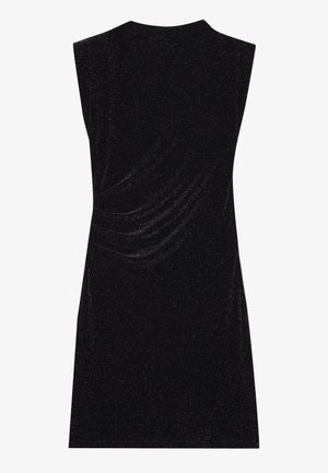 Schwarzes Kleid aus einem weichen, glänzenden Stoff mit ärmellosem Design. Verfügt über seitliche Raffung, die Textur schafft, mit einem geraden Saum.