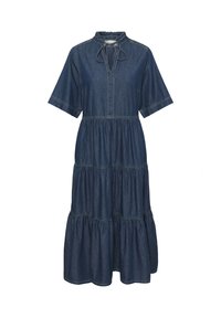 Robe midi en denim bleu foncé avec manches courtes, jupe à volants, taille cintrée, col à volants et fermeture par lien au niveau de l'encolure.