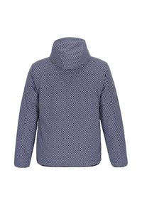 Blauwe geprinte jas met een capuchon, met een gestructureerd oppervlak en geometrisch ontwerp. Achteraanzicht toont lange mouwen en zoomdetail.