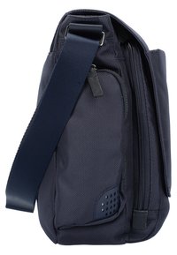 Borsa a spalla in nylon blu con superficie texturizzata, scomparti con zip, tracolla regolabile e pannello decorativo perforato.