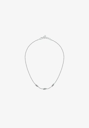 Collana in argento con accenti attorcigliati al centro, chiusura a gancio e lunghezza regolabile. Texture liscia e lucida.