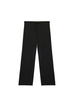 Czarne szerokie spodnie z szerokimi nogawkami i ściągaczem w pasie, wykonane z miękkiego materiału, przedstawione na białym tle.