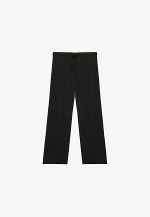 Zwarte broek met wijde pijpen en een trekkoortsluiting in de taille, gemaakt van zachte stof, weergegeven op een witte achtergrond.