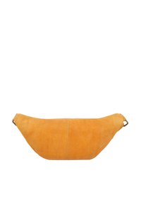Yellow suede fanny pack with a curved shape, featuring a seam down the center and metal accents on the straps. Smooth texture.