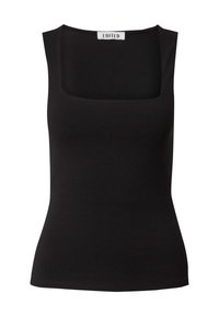 Schwarzes enganliegendes Tanktop mit quadratischem Ausschnitt, ärmellosem Design, glatter Textur und figurbetonender Silhouette. Markenlabel: EDITED.