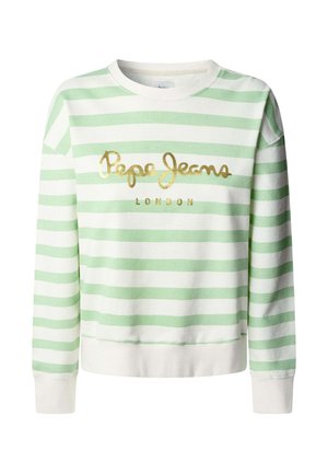 Felpa a righe verdi e bianche con scollatura tonda, caratterizzata da un logo dorato "Pepe Jeans LONDON" sul petto e polsini a costine.