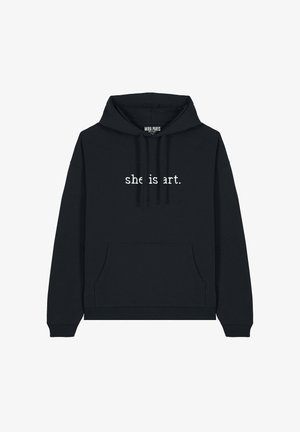 Felpa nera con cappuccio, dotata di tasca frontale e scritta bianca "lei è arte". Realizzata in tessuto morbido e confortevole.