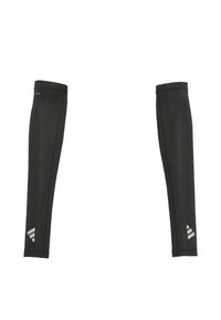 Černé výkonové návleky na paže z elastické látky s vyztuženými okraji, zdobené reflexním logem. Hladká textura, přiléhavý střih.