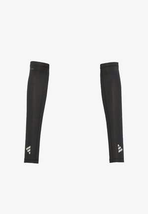 Black performance arm sleeves made of stretchy fabric with reinforced edges, featuring a reflective logo accent. Smooth texture, fitted design.