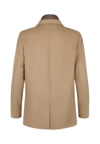Cappotto in misto lana beige con collo a revers, maniche lunghe e silhouette dritta, caratterizzato da una texture liscia e dettagli di cucitura minimal.