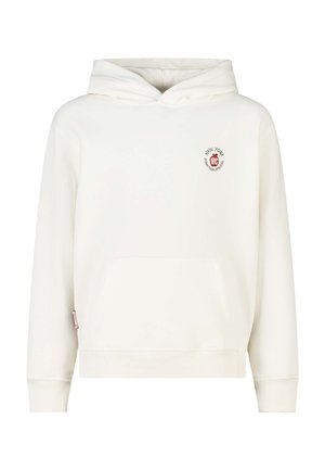 Witte hoodie met voorzak en klein rood rond "NYC" logo op de linkerborst.