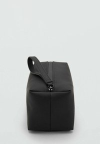 Black rectangular bag made of sleek material, featuring a top zipper and a side handle for easy carrying. Smooth texture with minimal design.