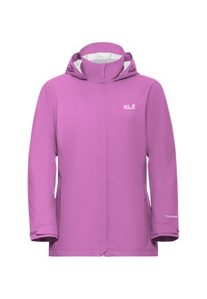 Giacca impermeabile viola con collo alto, cappuccio regolabile e dettaglio logo sul davanti e sulla manica. Tessuto liscio e design minimalista.