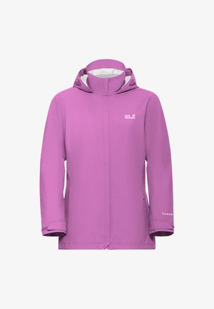 Giacca impermeabile viola con collo alto, cappuccio regolabile e dettaglio logo sul davanti e sulla manica. Tessuto liscio e design minimalista.