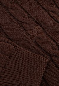 Bruine gebreide trui met een kabelpatroon, geribde manchetten en een geborduurd logo in dezelfde kleur. Zachte textuur.