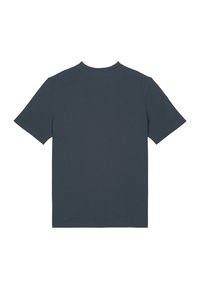 T-shirt à col rond et manches courtes en coton gris foncé. Texture lisse, coupe droite et sans motifs ni graphismes visibles au dos.