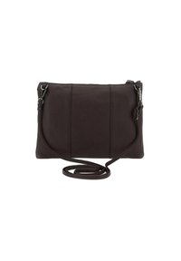 Borsa a tracolla in pelle marrone scuro con una texture liscia, forma rettangolare, chiusura con zip e tracolla regolabile. Presenta cuciture verticali.