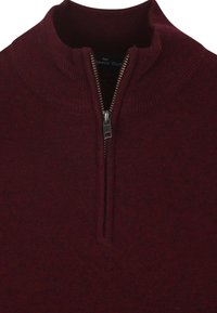 Bordeaux ritsweater met hoge kraag, ribgebreide hals en een gladde textuur met metalen ritsdetails. Geen patronen of extra accenten.