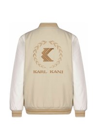 Bežs bumbieris jaka ar baltām piedurknēm, ar izšūtu logotipu un laurolapu dizainu uz muguras, ribotām aprocēm un jostasvietu.