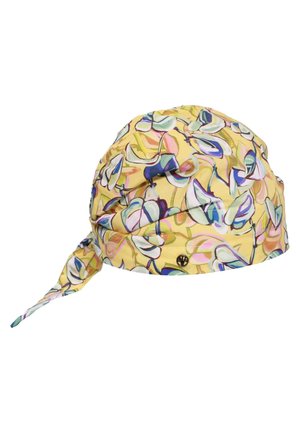 Gelbes Kopftuch mit abstraktem Blumenmuster in Blau-, Weiß- und Rosatönen, mit einem gebundenen Knoten und einem kleinen metallischen Detail an der Seite.