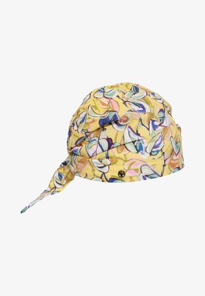 Yellow headscarf with abstract floral pattern in blue, white, and pink hues, featuring a tied knot and small metallic detail on the side.