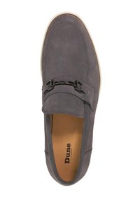 Gray suede loafer with a flat rubber sole, features a strap with metallic hardware and a rounded toe, designed for slip-on accessibility.
