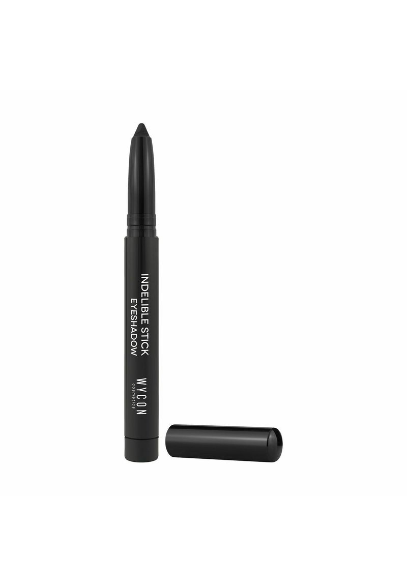 Matita ombretto nera con punta arrotondata. Il packaging presenta un testo bianco che la etichetta come "Indelible Stick Eyeshadow" di Wicon. Il tappo è rimosso.