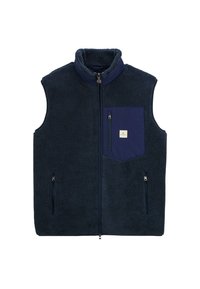 Gilet en polaire marine avec col haut, deux poches latérales et une poche poitrine arborant un petit logo. Texture douce avec fermeture éclair.