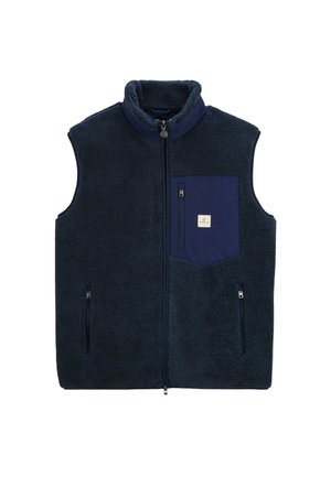 Gilet en polaire marine avec col haut, deux poches latérales et une poche poitrine arborant un petit logo. Texture douce avec fermeture éclair.