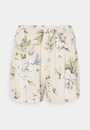 Shorts florales con cintura elástica, con un fondo crema y patrones florales en verde claro y azul. Tejido suave con un corte relajado.