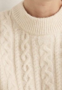 Pull épais en maille couleur crème avec un col rond côtelé et des motifs torsadés tressés sur le tissu.