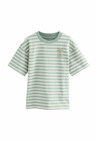 T-shirt rayé vert clair en coton, avec des rayures horizontales blanches et rose pâle, et un brodé de palmier sur la poitrine.