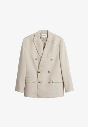 Beige dubbelknäppt blazer med snedskurna slag, fyra guldtonade knappar, två framfickor och en slät tygtextur.