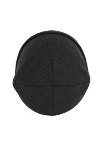 Dark gray knit beanie hat, rounded shape, soft texture, features a seam down the center and ribbed edges for a snug fit.