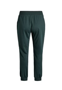Dunkelgrüne, tapered Joggerhosen mit elastischem Bund und Bündchen, von hinten vor einem weißen Hintergrund gezeigt.