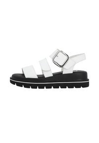 White leather sandals featuring three straps and a large silver square buckle. Black platform sole with textured tread for grip.