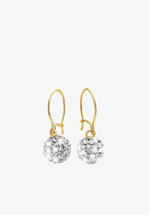 Boucles d'oreilles à crochet dorées avec des pendentifs ronds style boule disco en argent incrustés de petits cristaux étincelants.