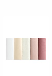 Five cotton jersey t-shirts in white, beige, light gray, soft pink, and dark pink arranged horizontally, with visible stitching details.