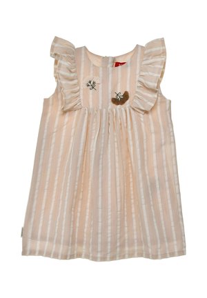 Beiges und weiß gestreiftes ärmelloses Kleinkindkleid mit Rüschendetails an den Schultern und kleiner Blumenstickerei auf der Brust.
