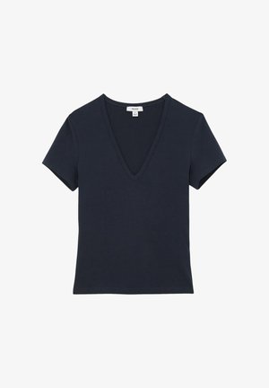 Tricou bleumarin cu decolteu în V, fabricat din bumbac moale. Mâneci scurte, design ajustat și detalii de coasere curate.