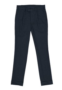Navy trousers with a straight leg design, pleated front, and a button closure. Features side pockets and a cuffed hem.