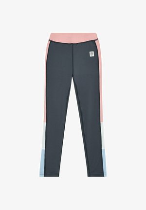 Marineblaue Leggings mit pinkfarbenem Bund, Seitenpanelen in Pink, Weiß und Blau sowie einem kleinen weißen "COLORKIDS"-Logo auf dem rechten Oberschenkel vorne.