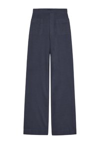 Pantalones de pierna ancha en color navy, confeccionados en una tela ligera con una textura suave, que cuentan con dos bolsillos traseros y una cintura alta.