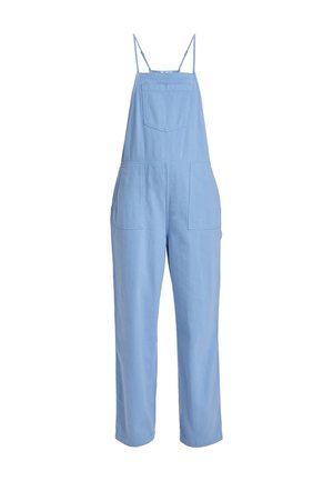 Helle blaue Denim-Latzhose mit verstellbaren Trägern, Seitentaschen und einer Brusttasche. Gerades Bein Design mit lockerer Passform und weicher Textur.
