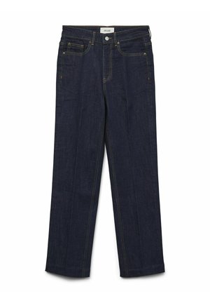 Donkerblauwe denim jeans met een rechte pijp, gele stiksels, twee voorzakken en een ritssluiting.