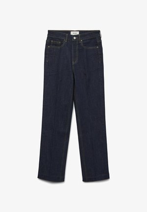 Temno modri kavbojki z ravno nogo, rumeno šivanje, dvema sprednjima žepoma in zadrgo.