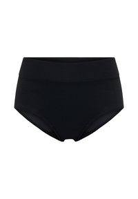 Culotte noire taille haute en matériau lisse et extensible. Comprend une large ceinture et un design sans coutures pour un confort optimal.