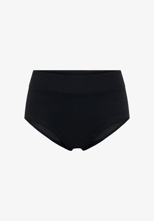 Schwarze hochgeschnittene Unterwäsche aus glattem, dehnbarem Material. Verfügt über einen breiten Bund und ein nahtloses Design für optimalen Komfort.